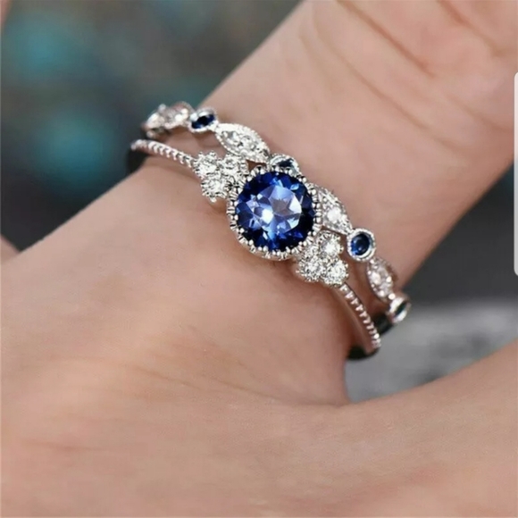 New 18k Plated tone blue sapphire diamonds ring - Picture 2 of 3